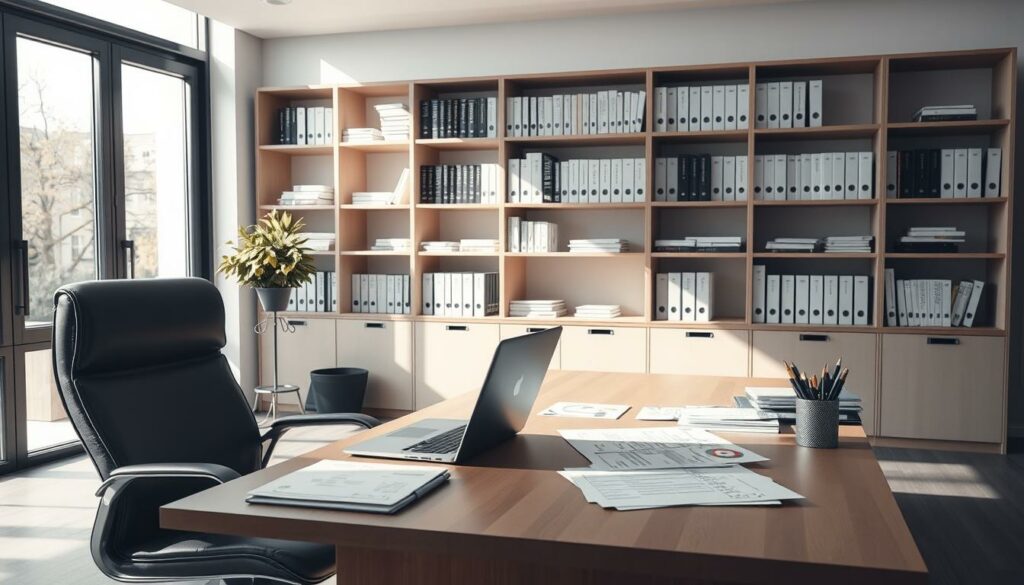 A modern, well-lit office interior with a large desk and executive chair. On the desk, various financial documents, a laptop, and a pen cup. Behind the desk, a wall-mounted bookshelf filled with accounting books and tax law references. Diffused natural light streams in through floor-to-ceiling windows, casting a warm, professional glow. The room has a minimalist, sophisticated aesthetic, reflecting the careful consideration of tax implications for a newly formed GmbH company. The overall scene conveys a sense of diligence, attention to detail, and a commitment to compliance with Swiss business and tax regulations.