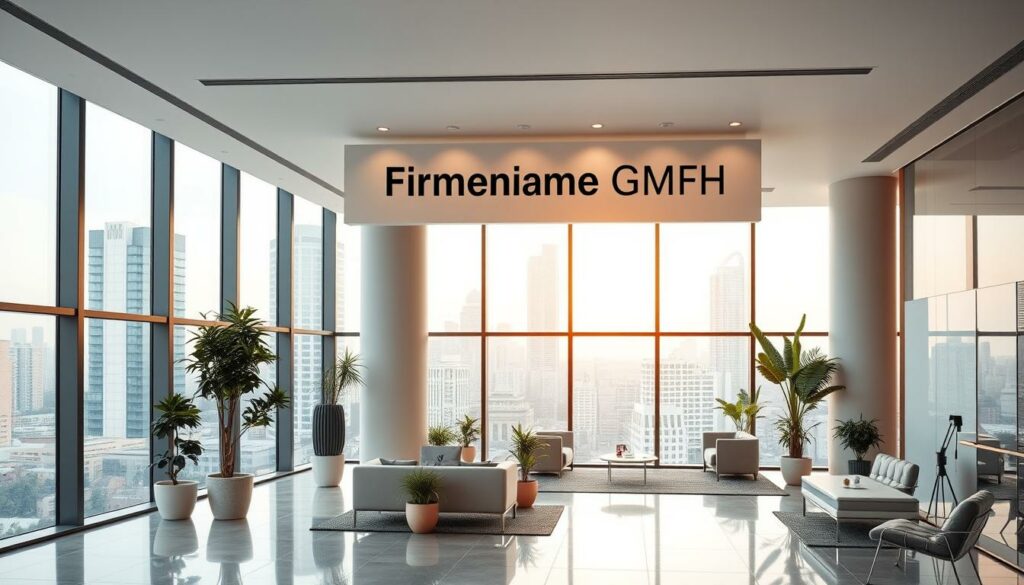 A pristine, meticulously designed office space with large windows overlooking a bustling city skyline. The company name "Firmenname GmbH" is prominently displayed on a sleek, minimalist sign above the entrance. The interior is filled with stylish modern furniture, potted plants, and warm lighting that creates a professional yet inviting atmosphere. The overall scene conveys a sense of sophistication, success, and attention to detail that would be fitting for the establishment of a new Swiss GmbH company.