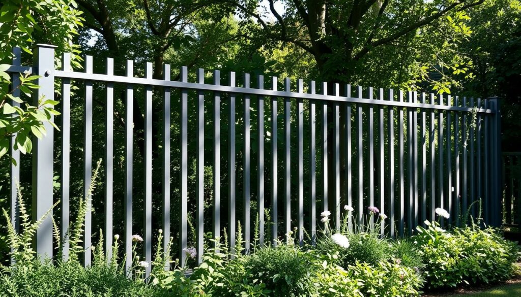 A sleek, modern metal fence serves as an effective visual barrier in a lush garden setting. The fence's clean lines and metallic finish create a sophisticated, industrial-chic aesthetic, seamlessly blending with the surrounding greenery. Dappled sunlight filters through the fence, casting intricate shadows that add depth and texture to the scene. The fence's height provides ample privacy, while its open design maintains an airy, inviting atmosphere. Strategically placed shrubs and flowers soften the edges, creating a harmonious interplay between the man-made and natural elements. This versatile, low-maintenance fencing solution offers a stylish and functional way to enhance the visual appeal of any outdoor space.