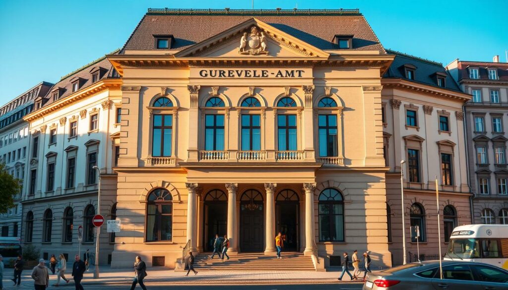 A stately government building in the heart of Stuttgart, Germany, the Gewerbeamt stands tall and proud, its neo-Renaissance facade bathed in warm, afternoon sunlight. The front entrance is framed by ornate columns and arched windows, inviting visitors to step inside and handle their business affairs. The building's symmetry and attention to architectural detail create a sense of order and professionalism, reflecting the administrative functions that take place within. Surrounding the Gewerbeamt is a bustling urban landscape, with pedestrians and vehicles moving through the streets, creating a vibrant, yet organized, atmosphere. The image should convey the efficient and reliable nature of the Gewerbeamt, setting the stage for the process of registering a new business in the city of Stuttgart.