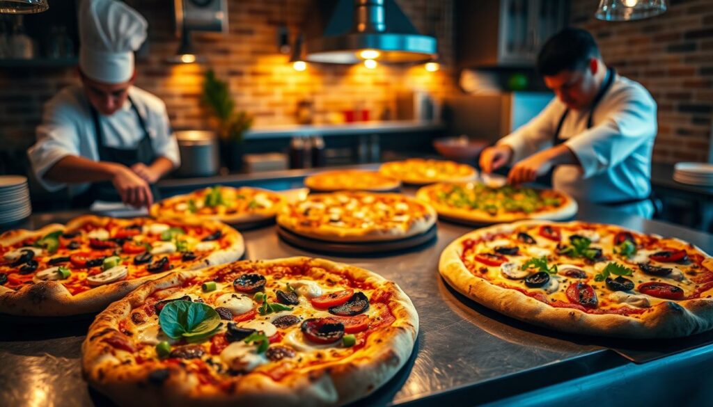 A tantalizing display of artfully crafted pizza specialties, captured in a warm, inviting setting. The foreground features an assortment of piping hot pies, each adorned with an array of fresh, gourmet toppings that tantalize the senses. The middle ground showcases the skilled hands of the chefs, meticulously assembling these culinary masterpieces, while the background sets the scene with a cozy, rustic ambiance, complete with exposed brick walls and soft, ambient lighting that casts a comforting glow over the entire tableau. The overall atmosphere emanates a sense of passion, creativity, and the unparalleled quality that defines the restaurant's culinary highlights.