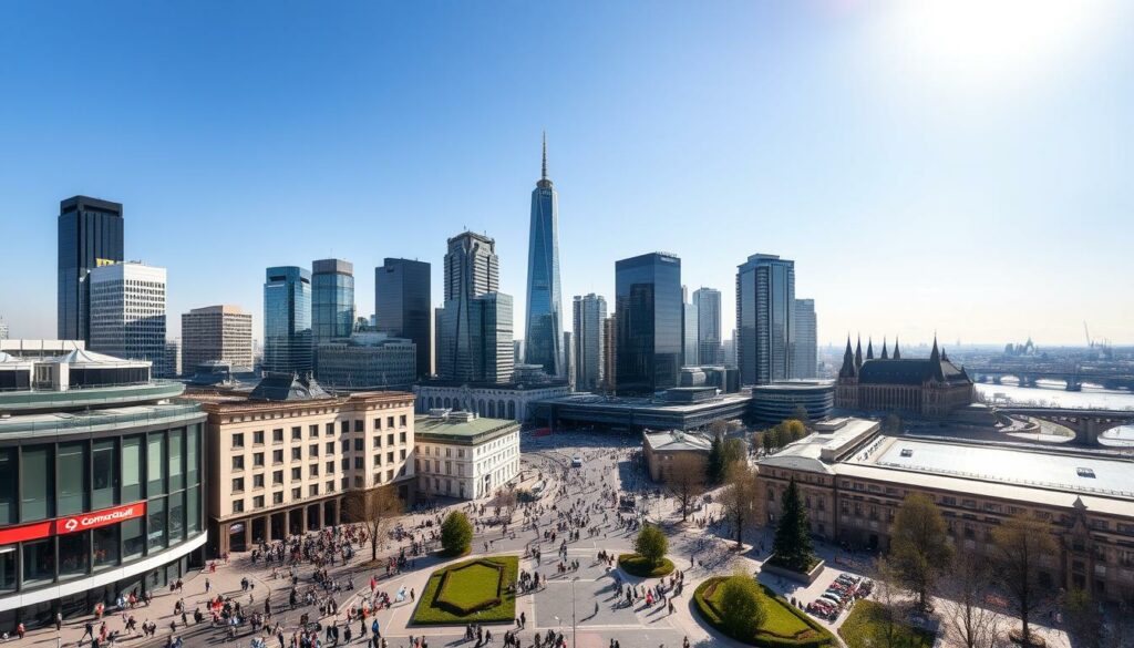 A vibrant cityscape of Frankfurt's financial district, with the iconic high-rises of the Wirtschaft Frankfurt Main towering against a clear, sunlit sky. In the foreground, bustling pedestrians navigating the lively streets, surrounded by modern architecture and well-manicured public spaces. The mid-ground features the distinct silhouette of the Commerzbank Tower, casting dynamic shadows across the urban landscape. In the background, the distant spires of historic churches and the rhythmic flow of the Main River create a harmonious blend of old and new. The scene is captured with a crisp, wide-angle lens, conveying a sense of energy, productivity, and the dynamic spirit of Frankfurt's business community.