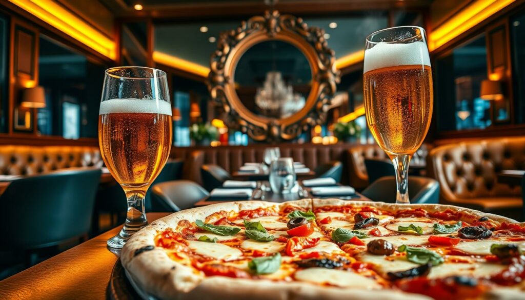 A vibrant pizza promotion scene, captured in a stylish, high-end restaurant setting. In the foreground, a mouthwatering wood-fired pizza with melted cheese and fresh toppings, accompanied by a gleaming glass of frothy craft beer. The middle ground showcases the restaurant's elegant decor, with plush leather seating, warm lighting, and polished wooden accents. In the background, a large, ornate mirror reflects the scene, creating a sense of depth and grandeur. The overall atmosphere exudes an air of exclusivity and refined culinary indulgence, perfectly complementing the "Exklusive Angebote und Rabatte" theme.