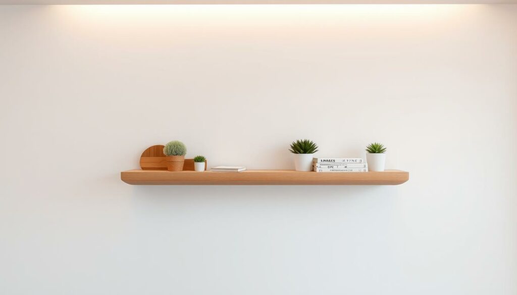A well-crafted, functional DIY wall shelf in a minimalist, Scandinavian-inspired design. The shelf features a clean, natural wood grain finish and a sleek, floating appearance, suspended against a plain white wall. Soft, indirect lighting from above casts a warm glow, highlighting the wood's subtle tones. The shelf's simple, rectangular shape is accented by gentle, rounded edges, creating a visually appealing and modern aesthetic. Various small decorative items, like potted plants or books, are neatly arranged on the shelf, complementing its utilitarian purpose. The overall composition conveys a sense of balance, practicality, and understated elegance.