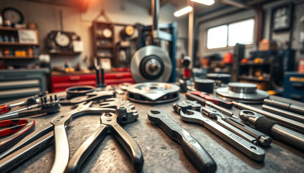 A well-lit workshop scene showcasing an assortment of "Bremsen-Werkzeuge" - a diverse collection of brake repair tools arranged neatly on a sturdy workbench. In the foreground, a set of precision pliers, brake pad spreaders, and caliper tools glisten under the warm glow of overhead lighting. The middle ground features a high-quality brake disc micrometer and a cleaning brush, while the background subtly hints at the presence of a hydraulic press and other heavy-duty equipment needed for comprehensive brake service. The overall atmosphere conveys a sense of organized professionalism, with every tool purposefully positioned to facilitate efficient and meticulous brake maintenance.
