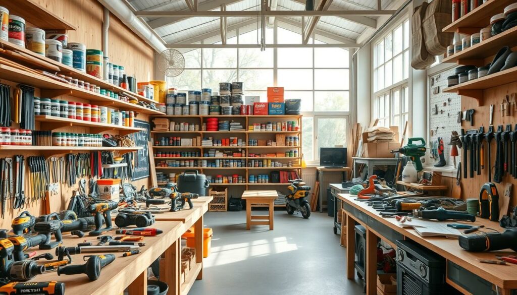 An airy, well-lit workshop interior showcasing a diverse array of modern DIY and home improvement tools and supplies. The foreground features an assortment of power tools, hand tools, and hardware neatly organized on workbenches. In the middle ground, shelves display an expansive selection of paints, stains, fasteners, and other home improvement essentials. The background reveals large windows allowing natural light to flood the space, creating a warm, inviting atmosphere. The overall scene conveys a sense of productivity, creativity, and the vast possibilities available to today's self-reliant homeowners and hobbyists seeking alternatives to the traditional GEWA Kreuzlingen experience.