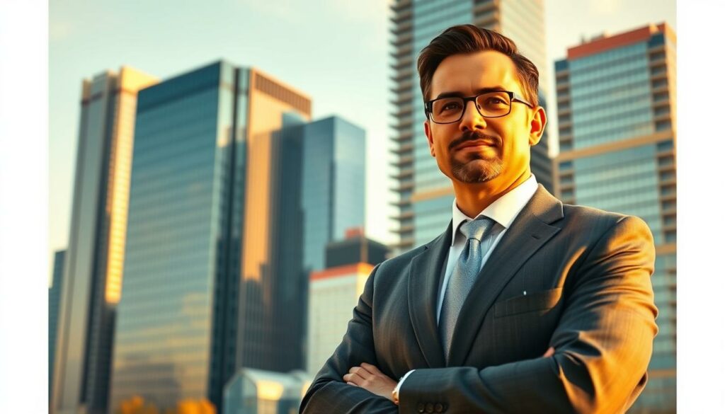 Detailed image of the rights of shareholders in a joint-stock company. A well-dressed businessman standing confidently, representing the shareholder, in the foreground. In the middle ground, a corporate office building with a modern glass facade, symbolizing the company. In the background, a vibrant cityscape with towering skyscrapers, conveying the larger business ecosystem. Warm, golden lighting creates a sense of prosperity and security. Shot with a wide-angle lens to capture the full scope of the scene. The overall mood is one of authority, stability, and the power of shareholder rights within a thriving corporate environment.