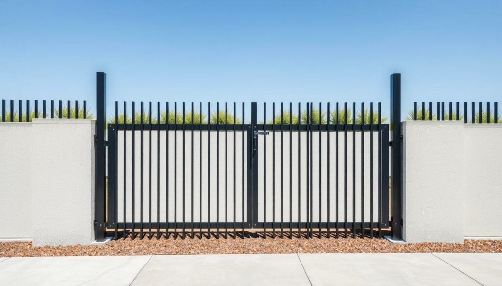 Ein moderner Metallzaun mit schlichtem Design