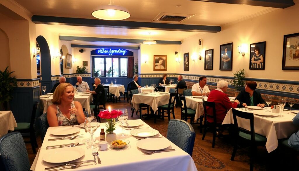 Einladende Atmosphäre im Restaurant Athen Legende mit gedeckten Tischen Einladende Atmosphäre im Restaurant Athen Legende mit gedeckten Tischen