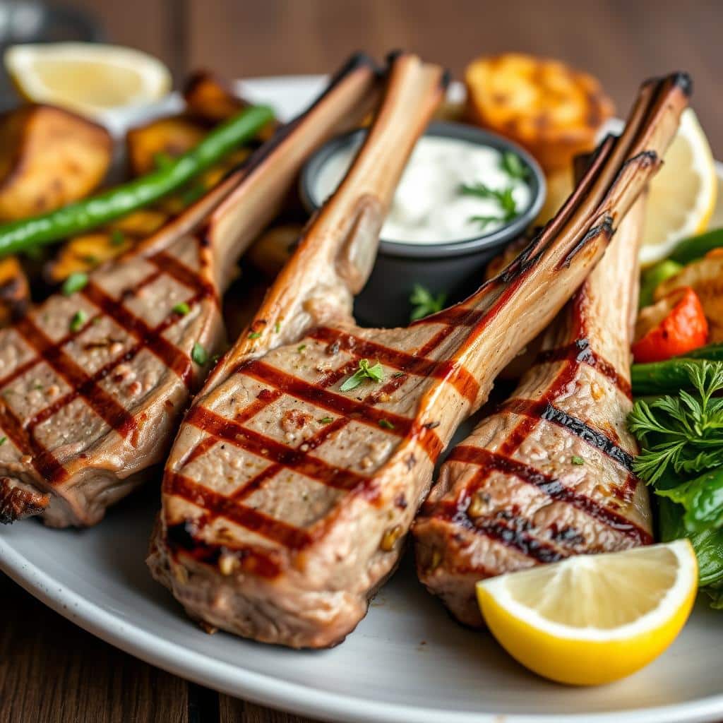 Gegrillte Lammkoteletts mit Beilagen im Restaurant Athen Legende Gegrillte Lammkoteletts mit Beilagen im Restaurant Athen Legende