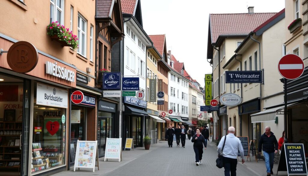 Geschäftsstraße in Weisswasser mit verschiedenen Firmen und Geschäften