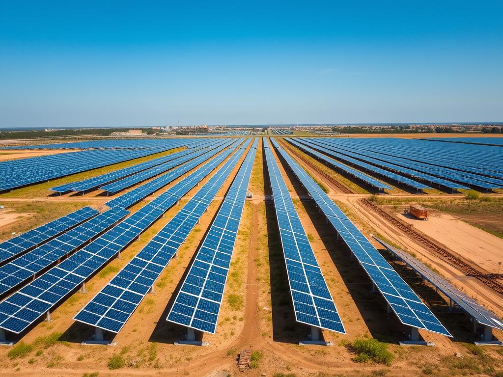 Großer Solarpark auf einer Freifläche mit Reihen von Photovoltaikmodulen Großer Solarpark auf einer Freifläche mit Reihen von Photovoltaikmodulen