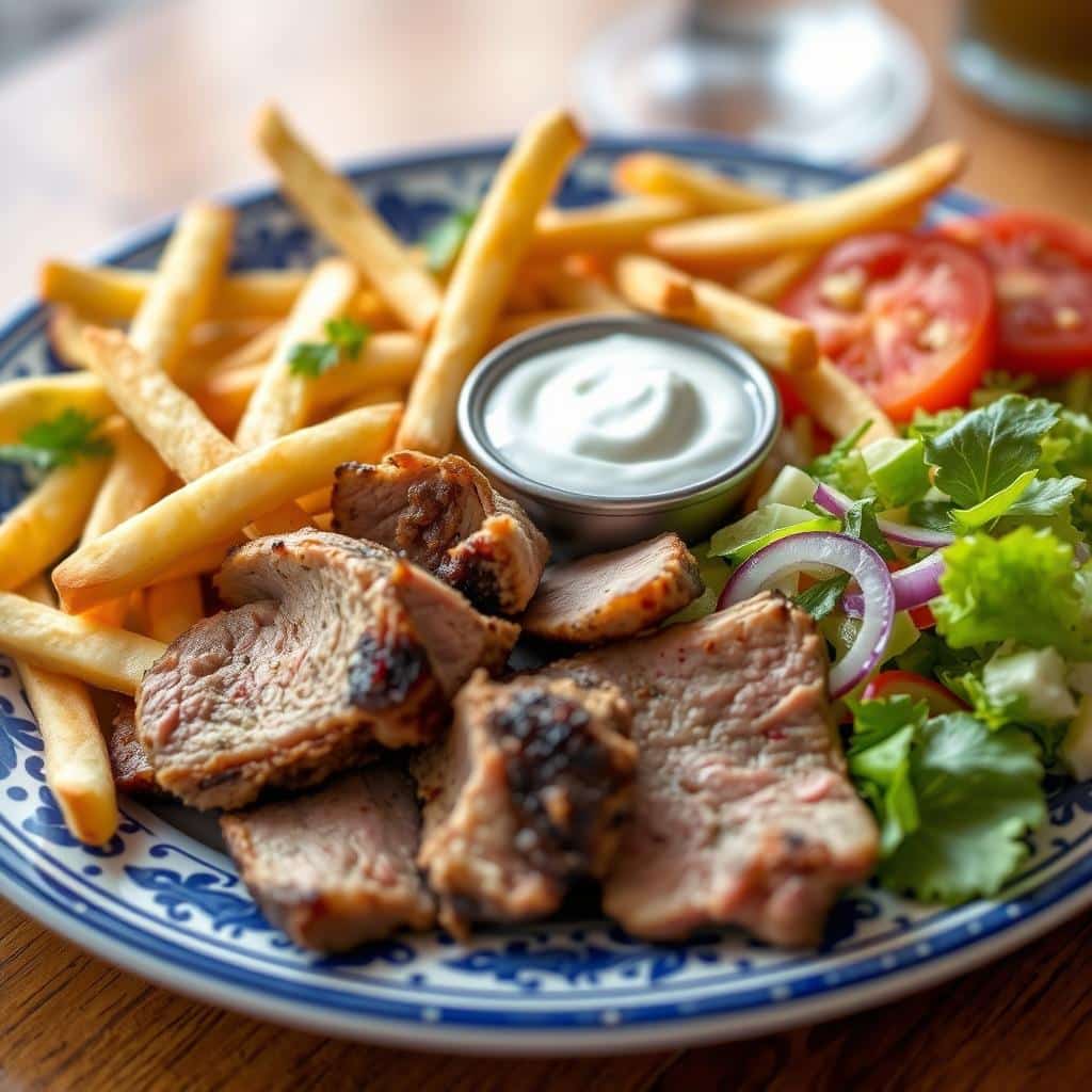 Gyros mit Pommes und Tzatziki im Restaurant Athen Legende Gyros mit Pommes und Tzatziki im Restaurant Athen Legende
