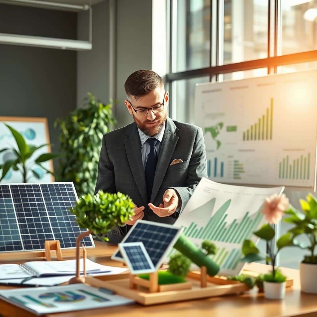 Investor betrachtet Modell einer Photovoltaikanlage mit Fokus auf Nachhaltigkeit Investor betrachtet Modell einer Photovoltaikanlage mit Fokus auf Nachhaltigkeit