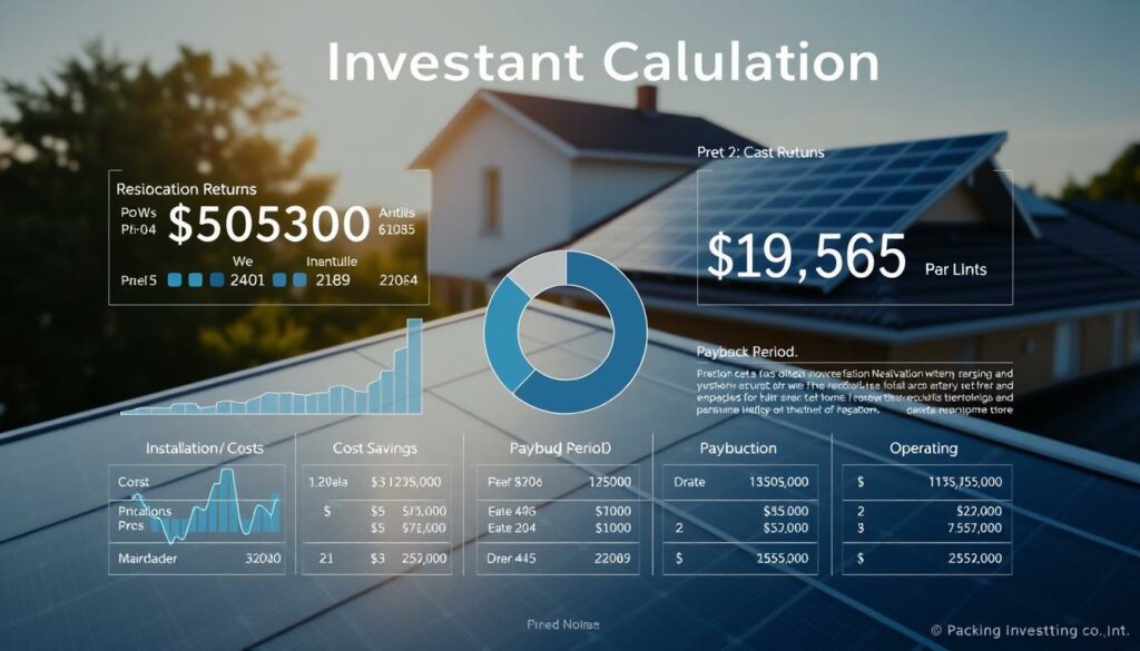 Photovoltaic investment calculation: A detailed financial diagram showcasing the key metrics and projections for a residential solar power system. A sleek, minimalist layout with clean lines and a sophisticated color palette of blues, greys, and subtle metallic accents. The foreground features a central pie chart illustrating the projected returns, cost savings, and payback period over the system's lifetime. The middle ground displays a concise breakdown of installation costs, energy production, and operating expenses. The background subtly depicts a serene, sun-drenched residential rooftop, emphasizing the system's integration with the home. Rendered with a professional, data-driven aesthetic to convey the analytical nature of the investment calculation.