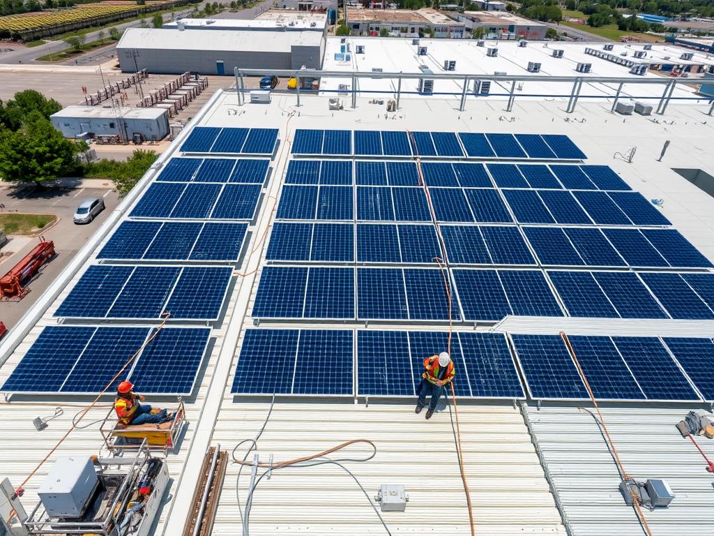 Photovoltaikanlage auf einem Industriedach mit Mitarbeitern bei der Installation Photovoltaikanlage auf einem Industriedach mit Mitarbeitern bei der Installation