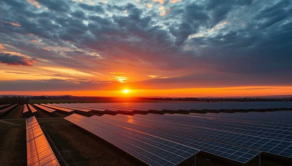 Sonnenuntergang über einem Solarpark als Symbol für nachhaltige Investitionen Sonnenuntergang über einem Solarpark als Symbol für nachhaltige Investitionen