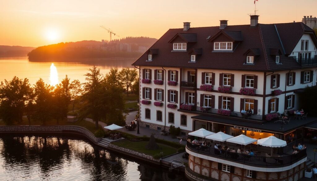 Sonnenuntergang über einem idyllischen Flairhotel in der Nähe eines Sees