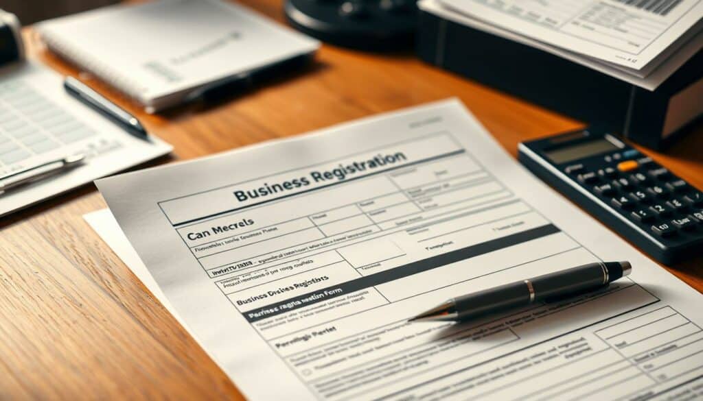 a business registration form on a wooden desk, with a pen, calculator, and other office supplies nearby. The form is highlighted, indicating it is the main focus. The background is slightly blurred, creating a sense of depth and emphasis on the form. The lighting is warm and natural, creating a professional and organized atmosphere. The image conveys the process of registering a business in Berlin, with the form being the central element.