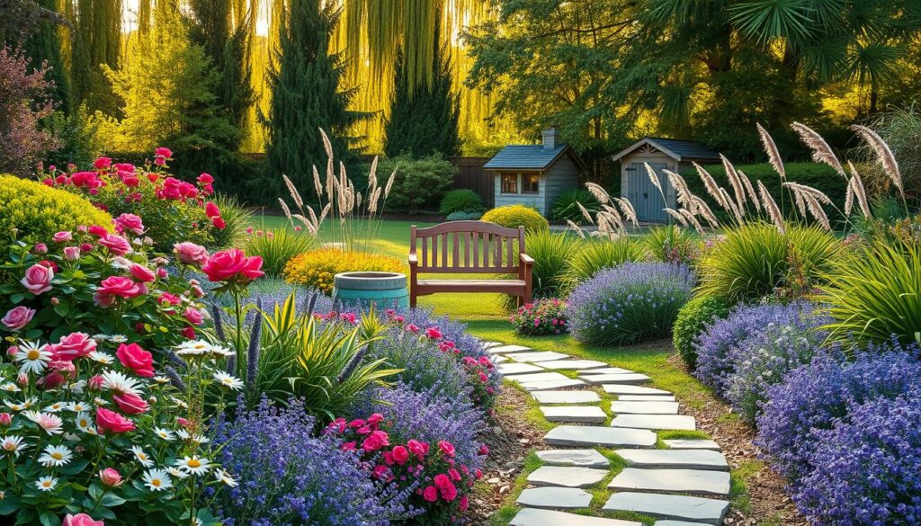 A beautifully landscaped small garden, with a lush and vibrant mix of flowering plants, shrubs, and ornamental grasses arranged in a harmonious design. The foreground features a meandering stone path leading through a colorful array of blooms, including roses, lavender, and daisies. In the middle ground, a charming wooden bench sits nestled among the foliage, creating a cozy and inviting seating area. The background showcases a verdant backdrop of tall trees and a glimpse of a quaint garden shed, all bathed in warm, golden sunlight that filters through the leaves. The overall scene conveys a sense of tranquility, with a focus on efficient use of limited space and a visually appealing, low-maintenance garden design.