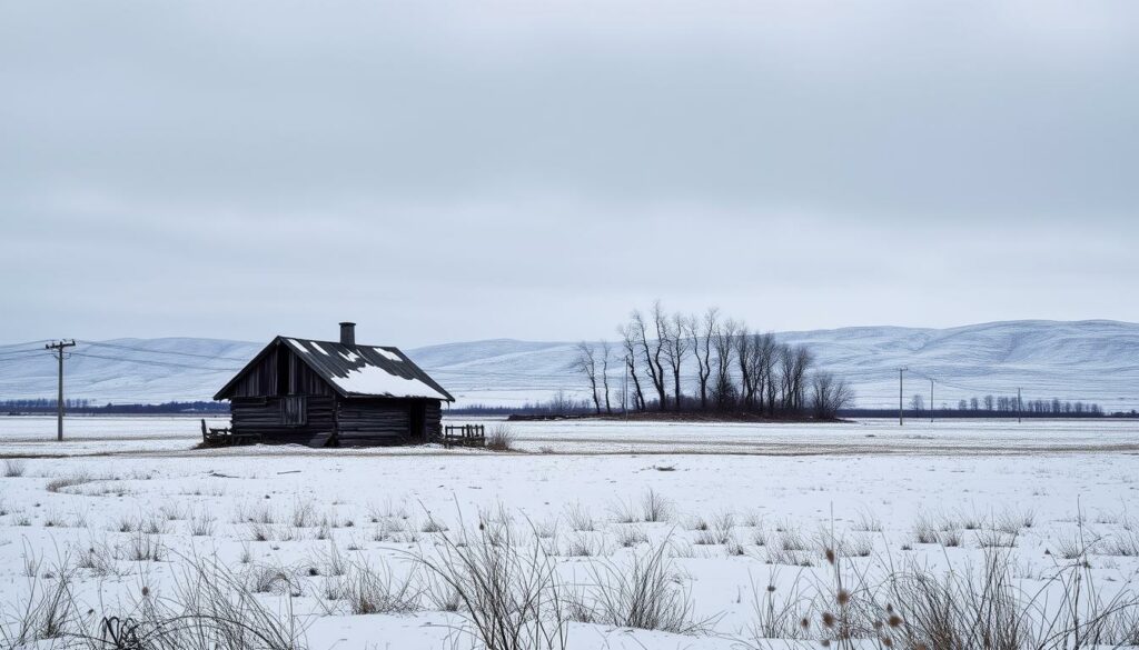 A bleak, wintry landscape in Russia, with snow-covered fields stretching out to the horizon. In the foreground, a lone, dilapidated farmhouse stands, its weathered wooden walls and sagging roof a testament to the hardships of the region. The sky is a muted, overcast gray, casting a somber, melancholic mood over the scene. In the middle ground, a sparse line of bare, twisted trees juts up against the horizon, their bare branches casting long, ominous shadows across the frozen earth. The background is dominated by a range of low, rugged hills, their slopes dusted with a thin layer of white, suggesting the harsh, unforgiving climate. The overall atmosphere is one of isolation, despair, and the struggle to eke out an existence in this harsh, uncompromising land.