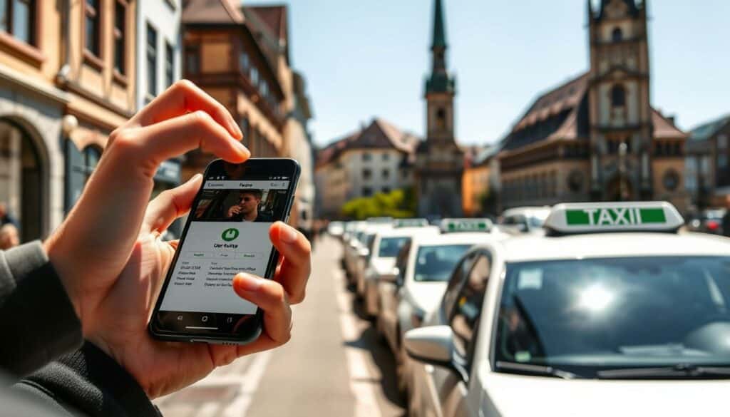 A bustling city street in Freiburg, Germany, on a sunny afternoon. In the foreground, a person using a sleek, modern taxi-hailing app on their smartphone, their fingers deftly navigating the intuitive interface. The middle ground reveals several traditional taxi cabs lining the curb, their drivers awaiting passengers. In the background, the historic architecture of Freiburg's city center provides a picturesque backdrop, bathed in warm, golden light. The scene conveys the seamless integration of technology and transportation, showcasing the convenience and efficiency of the Uber-style taxi app experience in this vibrant German city.