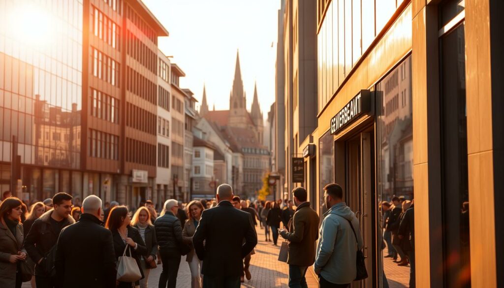 A bustling city street in Hamburg, Germany, bathed in warm, golden sunlight. In the foreground, a group of people stand outside a modern, glass-fronted building with a discreet sign that reads "Gewerbeamt Hamburg". They are engaged in animated conversations, gesturing towards the building's entrance. The middle ground reveals rows of similar office buildings, their facades adorned with sleek, minimalist designs. In the distance, the iconic spires and rooftops of Hamburg's historic city center can be seen, creating a harmonious blend of old and new. The atmosphere conveys a sense of professionalism, efficiency, and civic engagement, reflecting the comprehensive support and guidance offered by the local business registration office.