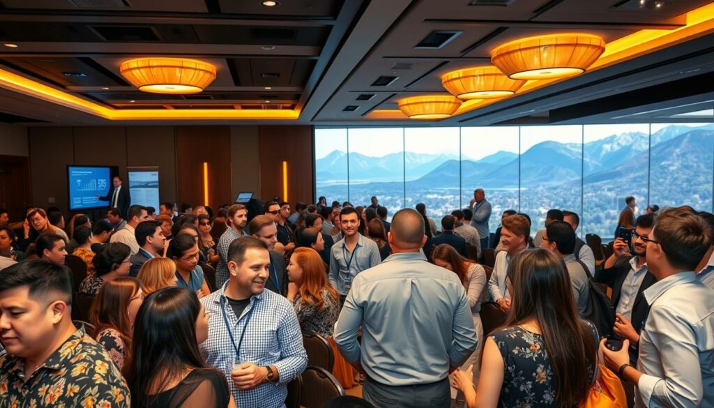 A bustling, modern conference hall with rows of attentive attendees engaged in a tourism industry seminar. Warm lighting illuminates the stage, where a charismatic presenter gestures towards a sleek, data-driven presentation. In the foreground, a diverse group of tourism professionals network and exchange ideas, their faces alight with enthusiasm. The background features a panoramic view of a picturesque mountain landscape, hinting at the natural wonders that draw tourists to the region. The overall atmosphere conveys a sense of professional development, collaboration, and a shared dedication to elevating the tourism industry.