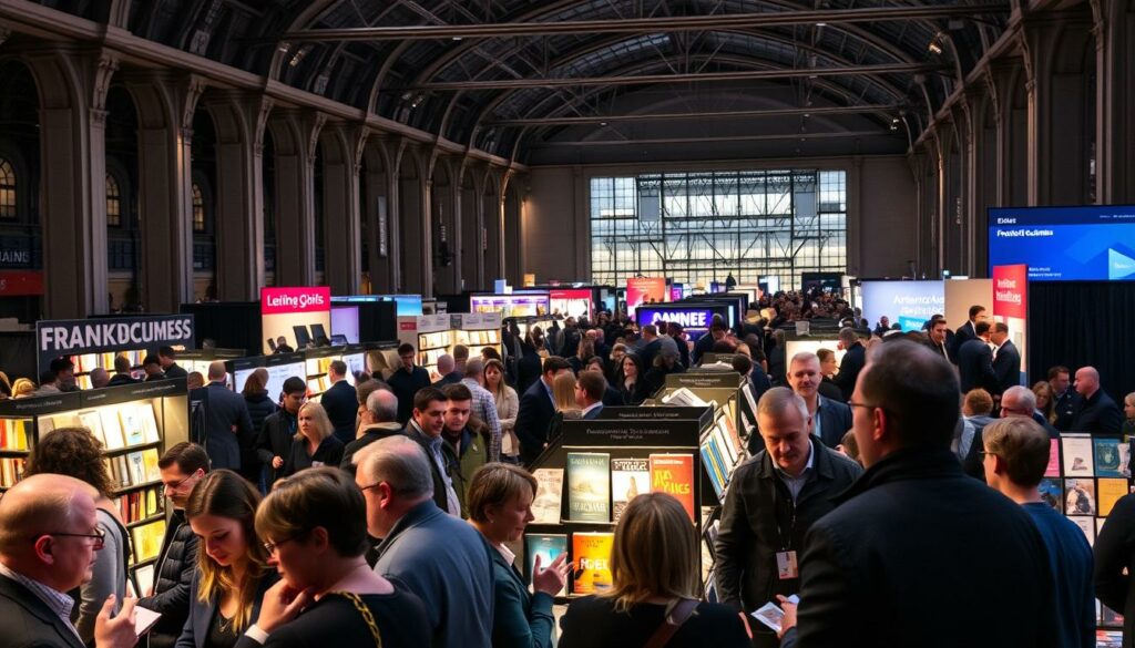 A bustling scene at the Frankfurter Buchmesse, the world's largest book fair, showcasing a variety of engaging events. In the foreground, a lively panel discussion takes place, with authors and publishers animatedly conversing under warm, focused lighting. In the middle ground, attendees browse through vibrant book displays, their faces lit by the soft glow of the exhibition hall. The background features an expansive, high-ceilinged space, its architecture accentuated by dramatic shadows and highlights, creating a sense of grandeur and excitement. The overall atmosphere conveys the energy and creativity of the literary world, inviting the viewer to immerse themselves in the captivating world of books and publishing.