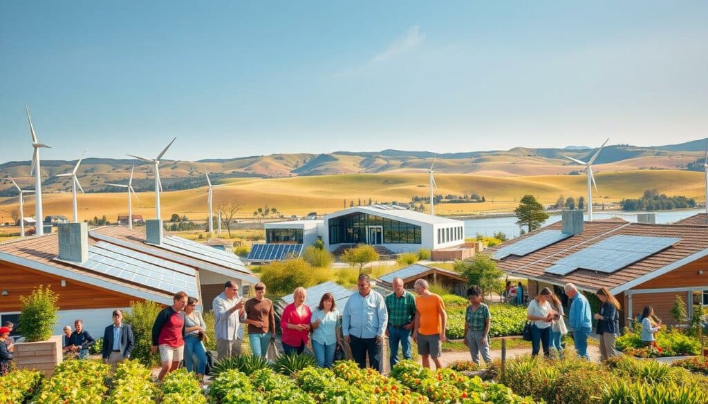 A bustling sustainable community, with solar panels adorning rooftops and wind turbines dotting the landscape. In the foreground, a group of diverse individuals gather around a community garden, tending to the flourishing vegetables and fruits. In the middle ground, a modern community center stands tall, its sleek architecture blending seamlessly with the surrounding nature. In the background, rolling hills and a serene lake create a picturesque setting, enhancing the sense of harmony and environmental stewardship. The scene is bathed in warm, golden light, conveying a feeling of optimism and empowerment as the community members work together to build a more sustainable future.