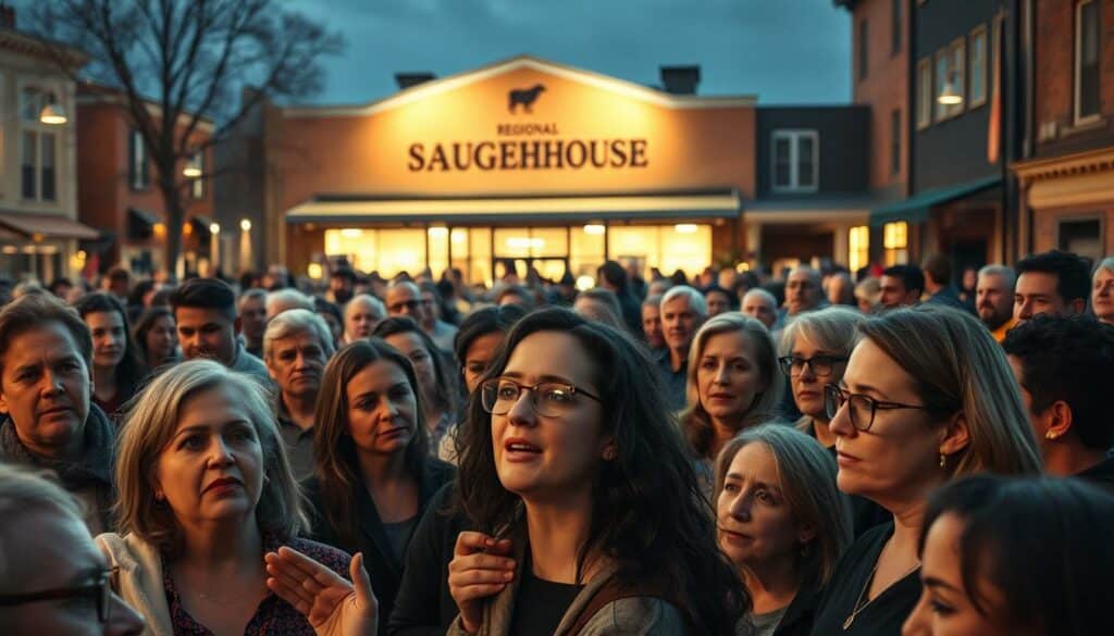 A bustling town square, with people of diverse backgrounds engaged in lively discussions and debates. In the foreground, a group of impassioned citizens gesticulate, their faces etched with concern and curiosity. The middle ground reveals a mix of supportive and skeptical onlookers, their expressions ranging from contemplative to animated. In the background, a well-lit facade of a regional slaughterhouse stands as the focal point, casting a warm glow over the scene. The lighting is soft and diffused, creating a sense of warmth and community. The overall atmosphere is one of vibrant civic engagement, reflecting the public's varied reactions to the local slaughterhouse.