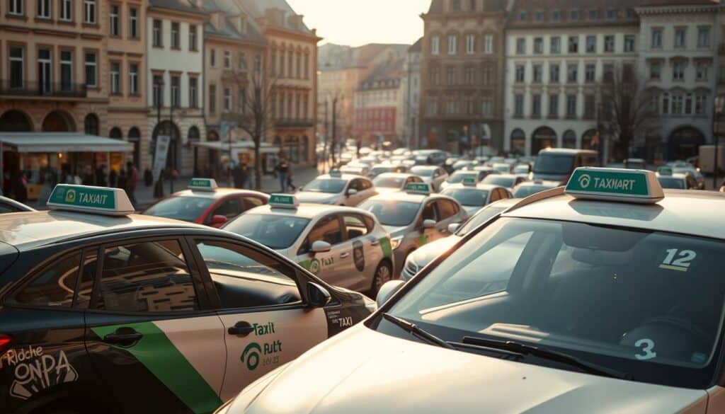 A bustling urban scene, the Taximarkt in Freiburg undergoing visible changes. In the foreground, a modern rideshare vehicle idling at the curb, its sleek design contrasting with the traditional taxis lining the street. The middle ground captures the diverse fleet of cars, some older models intermixed with newer, more fuel-efficient vehicles. The background showcases the historic architecture of Freiburg, a juxtaposition of the old and the new. Diffused sunlight filters through, casting a warm, amber glow over the entire scene. A sense of transition and evolution permeates the atmosphere, reflecting the shifts occurring within the local taxi industry.