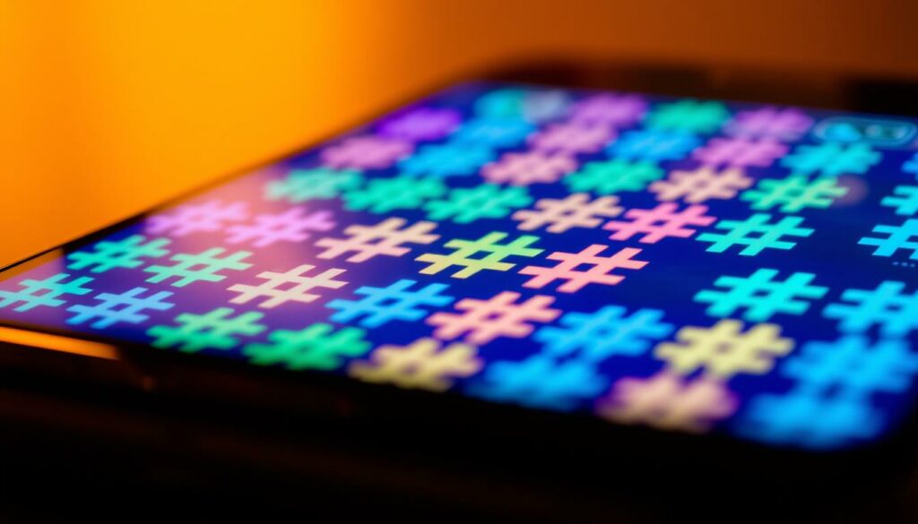 A close-up shot of a smartphone screen, featuring a grid of colorful hashtag symbols arranged in a visually striking composition. The screen is illuminated by warm, diffused lighting, casting a soft, inviting glow. The hashtags dance across the display, suggesting the dynamic and engaging nature of using hashtags to increase social media reach. The background is blurred, keeping the focus on the smartphone screen and the powerful visual impact of the hashtags. The mood is one of digital connectivity, creativity, and the pursuit of online visibility.