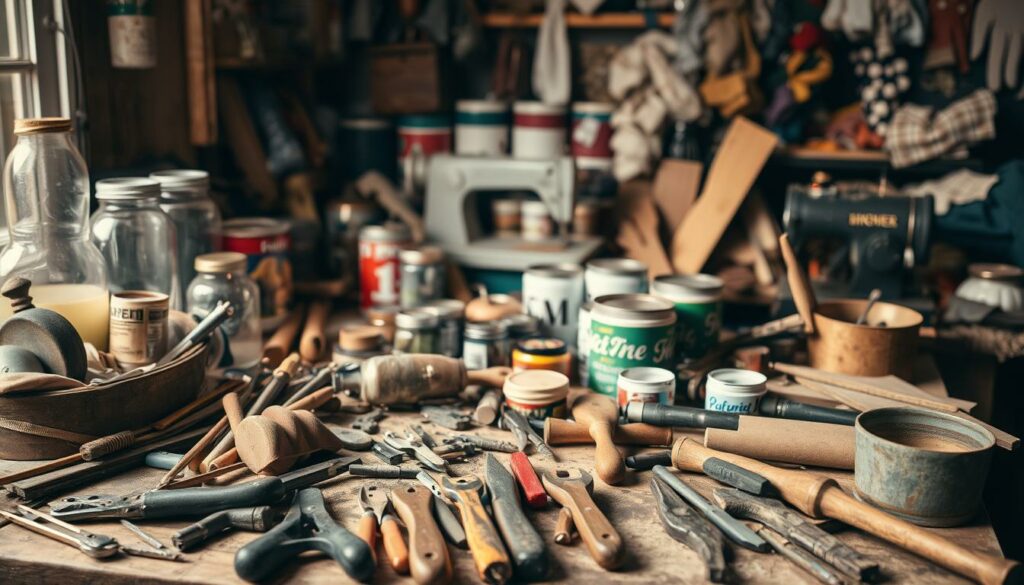 A cluttered workbench filled with an array of upcycling tools and materials. In the foreground, an assortment of hand tools including pliers, hammers, chisels, and sandpaper. In the middle ground, various repurposed objects like old jars, cans, and wooden boards. The background features a vintage sewing machine, paint cans, and a collection of fabric scraps. Soft, warm lighting illuminates the scene, creating a cozy, DIY atmosphere. The composition conveys a sense of creativity, resourcefulness, and the thrill of transforming discarded items into something new.