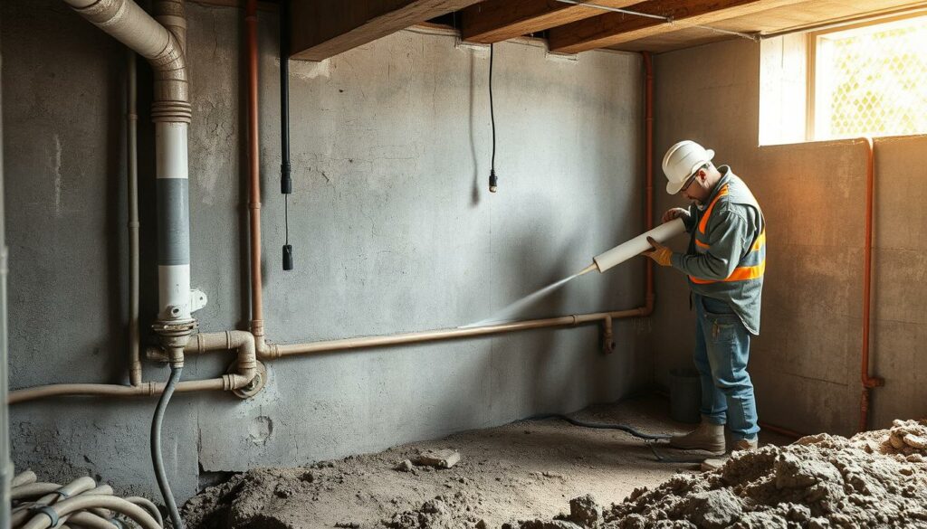 A concrete basement foundation surrounded by a network of underground pipes and drainage systems, illuminated by a soft, natural light filtering in from above. The cement walls are being sealed with a thick, waterproof sealant, creating an impenetrable barrier against any encroaching groundwater. In the foreground, a construction worker meticulously applies the sealant, ensuring a thorough and seamless coverage. The scene conveys a sense of diligence, precision, and the importance of proper waterproofing to protect the integrity of the basement structure.