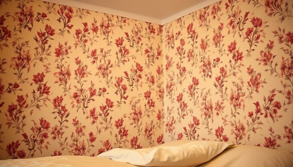 A cozy and inviting bedroom interior, with a beautiful floral wallpaper pattern covering the walls. The wallpaper features delicate, intricate blooms in a soft, muted color palette, creating a serene and calming atmosphere. The lighting is warm and diffused, casting a gentle glow throughout the space. The camera angle captures the wallpaper in a slightly angled, close-up view, highlighting the intricate details and textures of the pattern. The scene conveys a sense of comfort and relaxation, perfectly suited for a peaceful night's sleep.