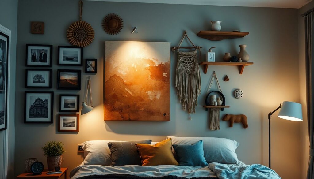 A cozy bedroom with a focal wall adorned with an artful array of unique, handcrafted wall decorations. The centerpiece is a large, abstract canvas painting in earthy tones, complemented by a asymmetrical display of framed photographs, macrame wall hangings, and minimalist wooden shelves showcasing various decorative objects. Soft, diffused lighting from sconces and a floor lamp creates a warm, inviting atmosphere, while the overall composition exudes a sense of personal style and character.