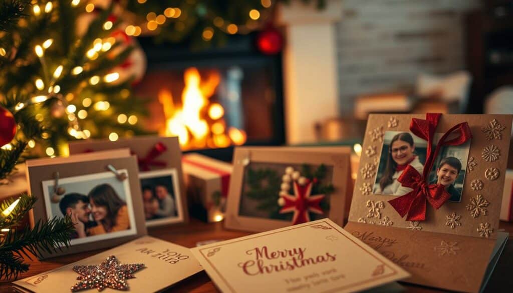 A cozy, festive scene of handmade Christmas cards adorned with personal family photos. In the foreground, carefully arranged photographs showcase cherished moments, framed by a mix of natural greenery and twinkling string lights. The middle ground features the cards themselves, their surfaces textured with homemade elements like glitter, ribbons, and embossed patterns. In the background, a soft, warm glow emanates from a fireplace, casting a gentle light across the intimate setting. The overall atmosphere is one of heartfelt nostalgia and holiday cheer, inviting the viewer to imagine the loving care and creativity poured into these personalized keepsakes.