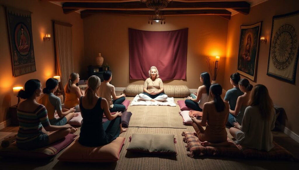 A cozy, intimate setting for a Tantra workshop. A group of people, both couples and singles, seated on plush floor cushions arranged in a semicircle. The lighting is soft and warm, creating a peaceful, meditative atmosphere. The walls are adorned with calming, earthy tones and fabrics, perhaps with the occasional tapestry or mural depicting spiritual imagery. In the center, a teacher or facilitator sits cross-legged, guiding the participants through a Tantra practice, their expression serene and their gestures gentle. An atmosphere of openness, trust, and personal growth permeates the scene.