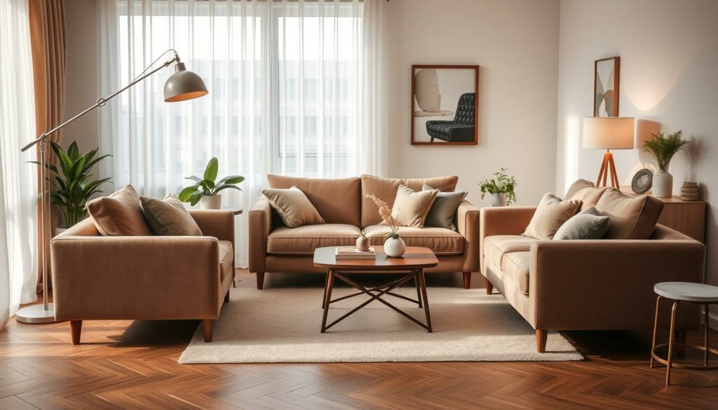 A cozy living room arrangement featuring a plush sofa, armchair, and coffee table positioned in a warm, inviting layout. The furniture is expertly chosen and arranged to create a harmonious and functional space, with careful consideration given to color, texture, and scale. Soft lighting from a floor lamp and natural sunlight filter through sheer curtains, lending a tranquil ambiance. The room is adorned with tasteful decor elements like potted plants and abstract wall art, elevating the overall aesthetic. The scene conveys a sense of comfort and thoughtful design, perfectly capturing the essence of "Möbelauswahl und Anordnung" for a welcoming living area.