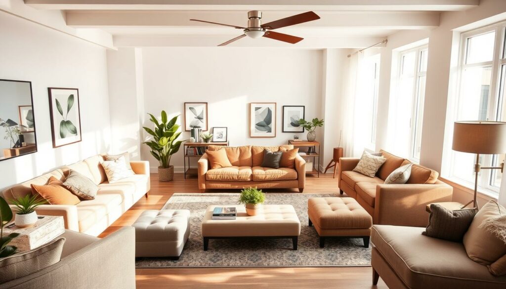 A cozy living room showcasing versatile furniture arrangements for diverse spaces. A well-lit, airy room with warm, natural lighting streaming through large windows, illuminating a range of seating options - from a plush sectional sofa to armchairs and ottomans. Carefully curated decor elements, such as potted plants, framed artwork, and a stylish area rug, create a harmonious and inviting ambiance. The layout prioritizes functionality, flexibility, and personalization, demonstrating how the same living room design can be adapted to suit various room sizes and shapes, from compact city apartments to spacious suburban homes.