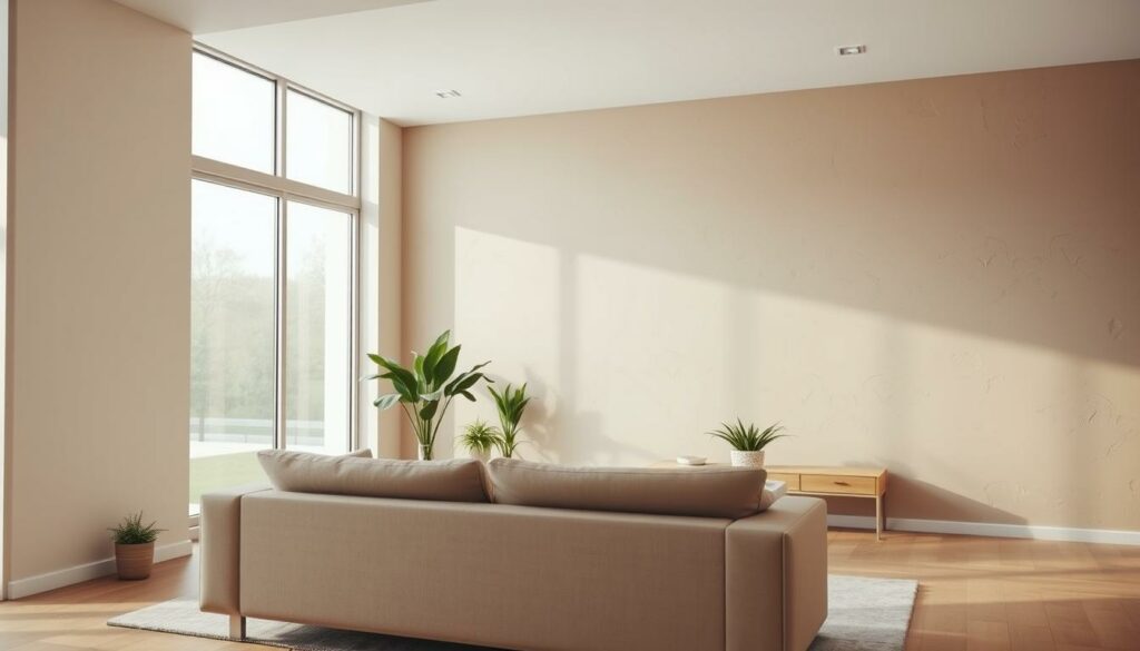 A cozy living room with soft, muted wall colors that create a serene and calming atmosphere. The foreground features a modern, minimalist couch in a neutral tone, positioned to face a large, floor-to-ceiling window that floods the space with natural light. The middle ground showcases a few potted plants and a sleek, wooden side table, while the background reveals a subtle, textured wall in a soothing, earthy hue. The overall scene conveys a sense of tranquility and relaxation, where the carefully chosen wall colors harmonize with the furniture and decor to enhance the room's ambiance.