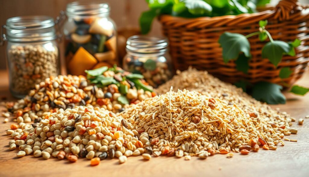 A cozy scene of an assortment of small animal feed, arranged neatly on a warm wooden surface. In the foreground, various pellets, seeds, and hay lay in elegant piles, casting soft shadows. The middle ground features glass jars filled with dried fruits and vegetables, complementing the natural tones. In the background, a woven basket overflows with vibrant leafy greens, hinting at the variety of nutritious options for small pets. The lighting is soft and diffused, creating a comforting, inviting atmosphere. The overall composition emphasizes the care and attention that goes into selecting the right sustenance for beloved small animals like rabbits, guinea pigs, and hamsters.