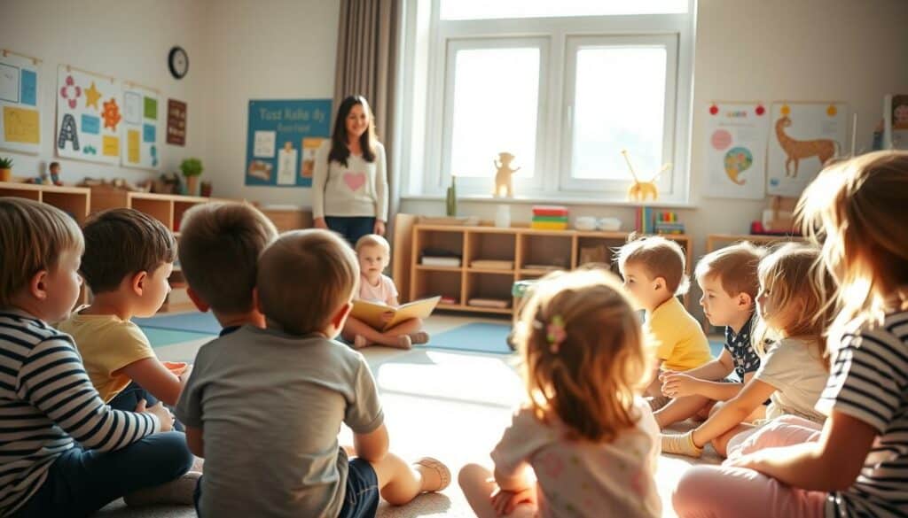 A cozy, well-lit kindergarten classroom. In the foreground, a group of young children sitting on the floor, engrossed in a storytelling session. Soft, natural lighting filters through the large windows, casting a warm glow on their faces. In the middle ground, a teacher stands nearby, smiling and engaging the children, ensuring their safety and privacy. In the background, educational posters and artwork adorn the walls, creating a stimulating and nurturing environment. The overall mood is one of care, learning, and respect for the children's personal information and family privacy.