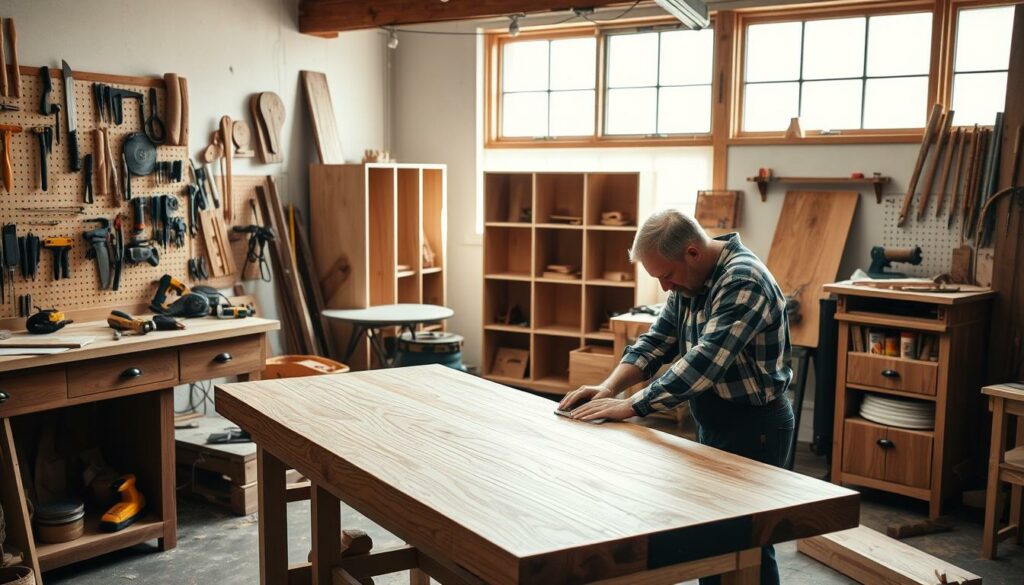 A cozy woodworking workshop filled with DIY furniture projects. In the foreground, a skilled craftsman sanding a handmade oak table, the warm glow of task lighting casting gentle shadows. Surrounding the workbench, an array of power tools, hand saws, and chisels neatly organized on pegboards. In the middle ground, unfinished wooden shelves and cabinets, their natural grain patterns hinting at the potential projects waiting to be brought to life. In the background, large windows letting in soft, diffused daylight, illuminating the space and creating a serene, inspirational atmosphere for the budding DIY enthusiast.