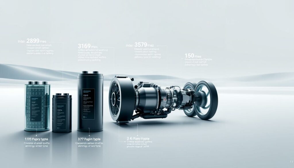 A detailed, technical comparison of different battery technologies for electric vehicles, showcased in a sleek, modern design. In the foreground, various battery cell types are displayed side-by-side, their unique characteristics and specifications highlighted through clear, concise infographics. The middle ground features a dynamic 3D model of a high-performance electric powertrain, its various components seamlessly integrated. In the background, a minimalist, gradient-based landscape suggests the future of sustainable mobility, with clean lines and a cool, neutral color palette conveying a sense of technological sophistication. Subtle lighting and smooth camera angles emphasize the precision and innovation of these cutting-edge battery solutions.