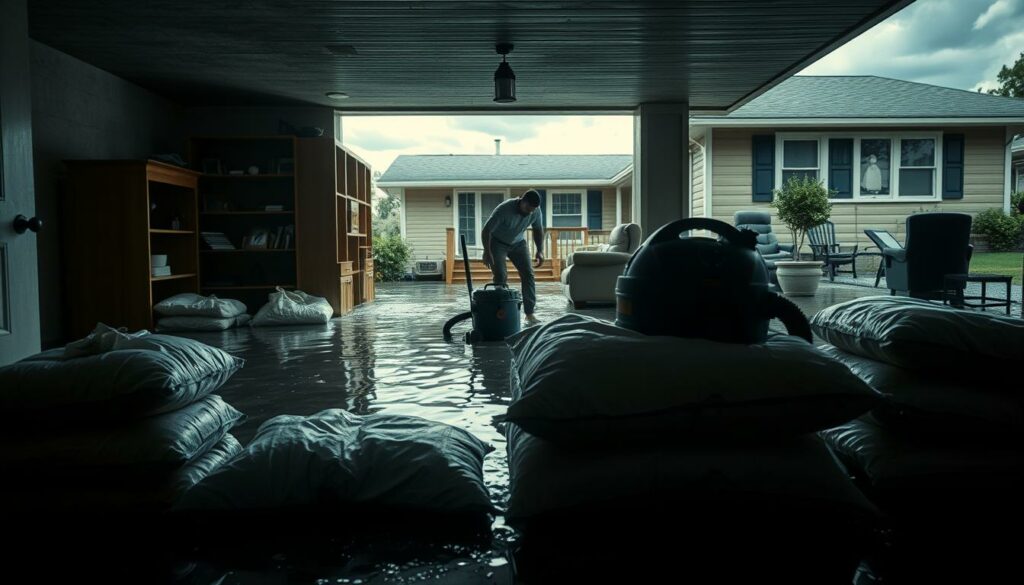A flooded basement with a homeowner frantically trying to mitigate the damage. In the foreground, sandbags and a wet/dry vacuum are positioned to stem the flow of groundwater seeping in. The middle ground shows shelves and furniture being hastily moved to higher ground. The background depicts the exterior of the home, with storm clouds looming overhead and water pooling around the foundation. The lighting is harsh and dramatic, casting long shadows and emphasizing the urgency of the situation. The overall mood is one of anxious determination as the homeowner works to prevent further flooding and property loss.