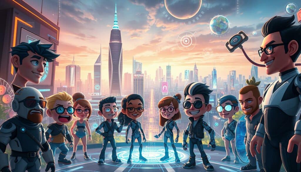 A futuristic digital landscape featuring stylized, expressive avatars in the foreground. The avatars display a range of emotions and personalities, with dynamic poses and vibrant, otherworldly designs. In the middle ground, a seamless integration of technology and nature, with holographic interfaces, glowing data streams, and organic, bionic elements. The background showcases a cityscape of towering skyscrapers, neon-lit streets, and a vibrant, ever-changing skyline. Lighting is a combination of warm, ambient tones and cool, technical highlights, creating a sense of both progress and wonder. The overall mood is one of innovation, creativity, and the limitless potential of digital self-expression.