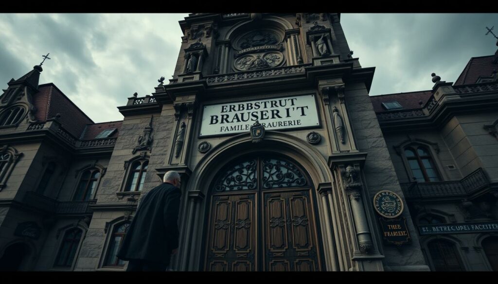 A grand, ornate facade of the Erbstreit Familie Brauerei, a family-owned brewery steeped in generations of tradition. The towering structure, adorned with intricate stone carvings and wrought-iron accents, stands proud against a moody, overcast sky. The entrance is flanked by massive oak doors, hinting at the weight of history and the power dynamics within. In the foreground, a lone figure, cloaked in shadow, contemplates the divide that has fractured this once-unified dynasty. The scene exudes a sense of unease, a narrative of familial discord and the struggle for legacy. Soft, dramatic lighting casts deep shadows, adding to the air of mystery and the weight of the Erbstreit's consequences.
