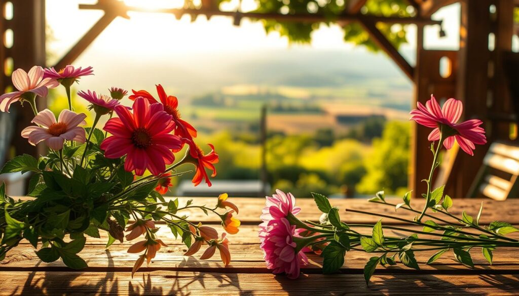 A high-quality calendar photo depicting a tranquil, rustic scene. In the foreground, a carefully arranged display of vibrant flowers, their petals gently swaying in the soft, natural lighting. In the middle ground, a wooden table or surface, its weathered texture providing a warm, earthy backdrop. In the background, a serene landscape unfolds, perhaps a rolling countryside or a picturesque garden, bathed in the golden glow of the afternoon sun. The overall composition is balanced, with a focus on the interplay of textures, colors, and lighting to create a visually striking and inviting image suitable for a high-quality calendar.